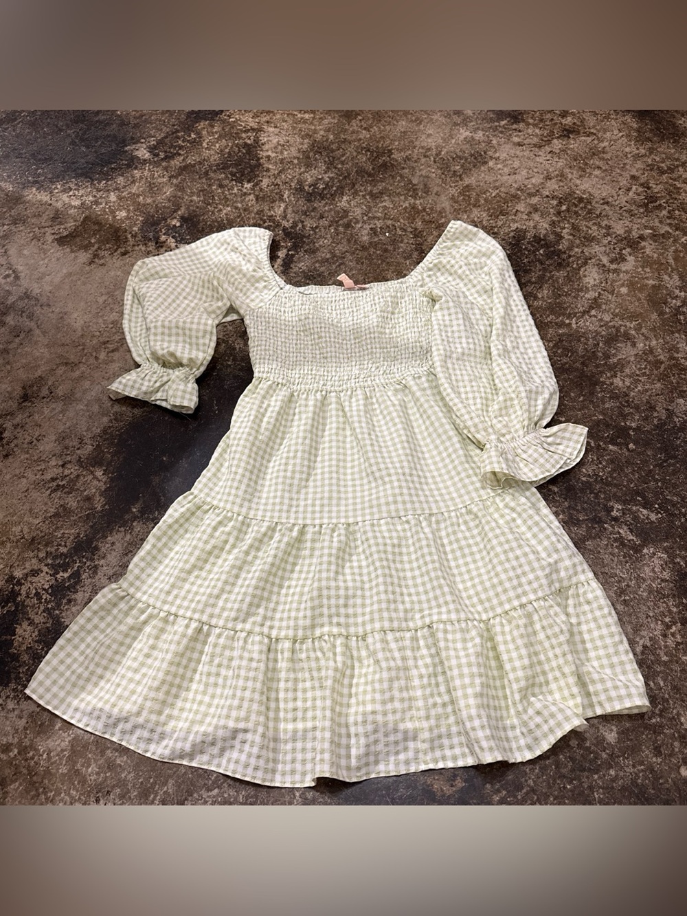 Smocked Gingham Puff-Sleeve Casual Dress